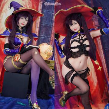 mona cosplay , two versions by hidori rose (genshin impact)