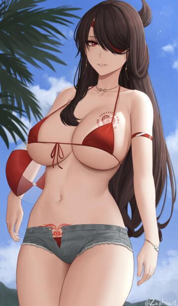 beidou showing of her tattoos at the beach