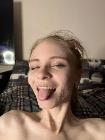 my best cum covered selfie , am i a happiest cumslut here? one eye got shoted but im always ready for more loads, so paint me like picasso.