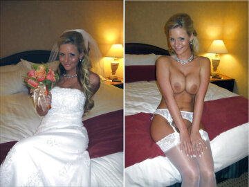 blonde bride posing on bed topless