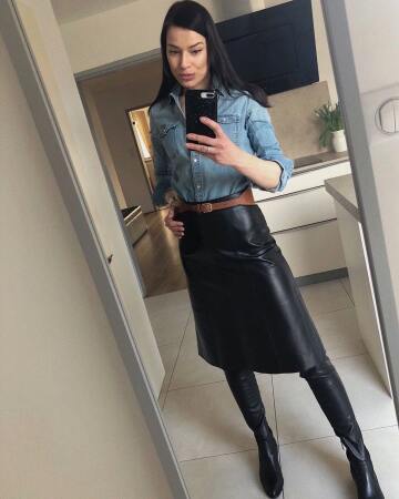 leather skirt; leather boots