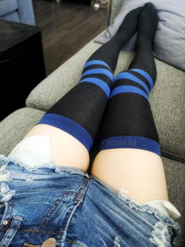petite girl in love with my many thigh highs 🥰 my newest pair!