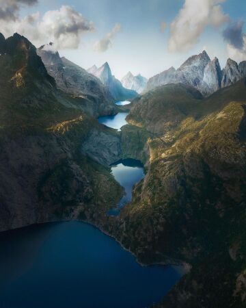 four levels of lakes in moskenesøya, an island at the southern end of the lofoten archipelago, nordland county, norway.