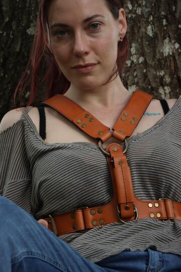 our leather chest harness worn over everyday fashion ✨️