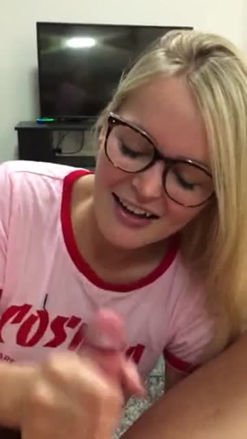 nice bj and handjob from blonde with glasses