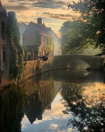 early morning glow over a canal in historic bruges, west flanders, belgium.
