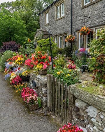 colorful garden in front of a stone cottage in kettlewell, a small village in upper wharfedale, north yorkshire, england.
