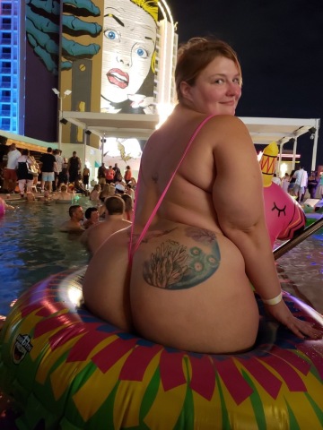 daring bbw wears a sling bikini to a pool party