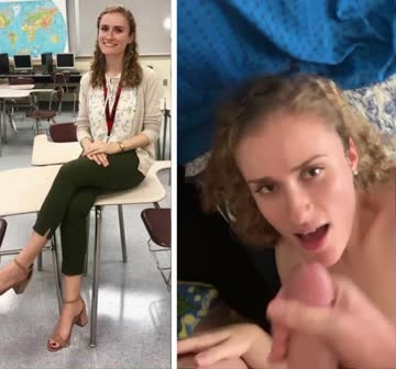 cute nerdy teacher takes facial after sucking cock