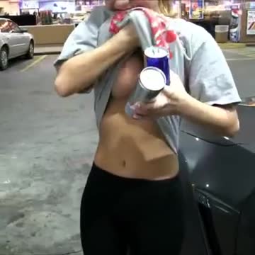 embarrassed teen flashes her tits in public