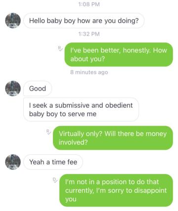 gf/domme of 3 years dumped me- still not falling for scams even in my wrecked state lol 😎