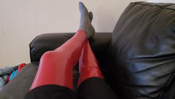 relaxing at home in some latex leggings