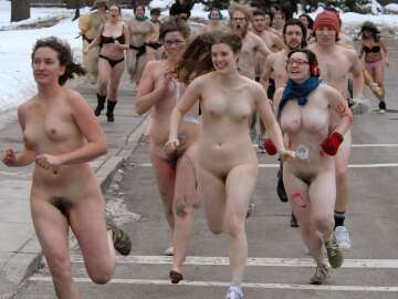 four girls with pubes in their college naked run