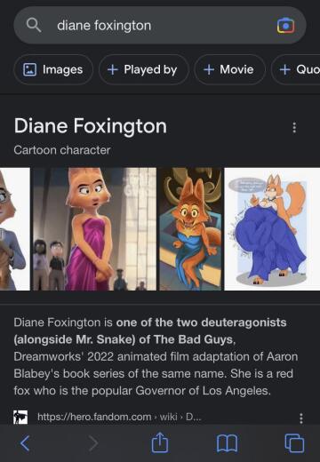 {image} i propose we make diane foxington the new mascot of vore. she has a vore photo as a first result on a google search.