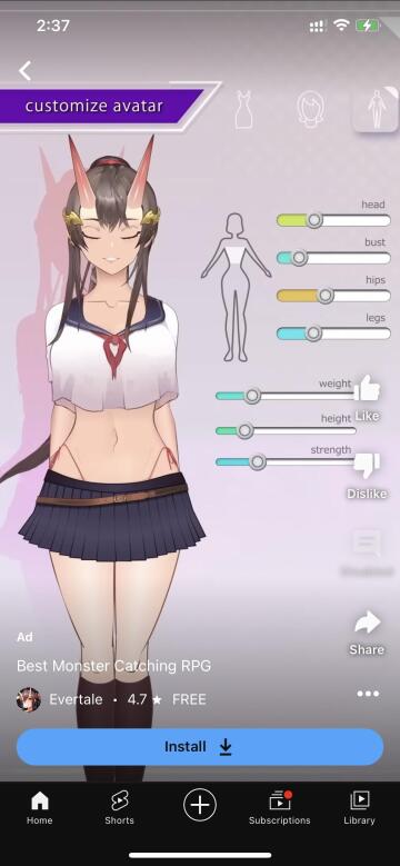 [f] does anyone know any apps games with a body slider? (actual app evertale has none of these features)