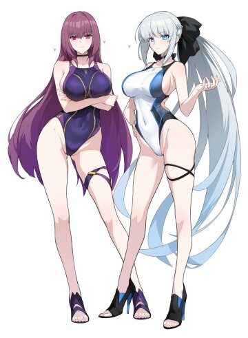 shishou and morgan in competetive swimsuits