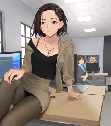 sitting on her desk [ganbare douki-chan]