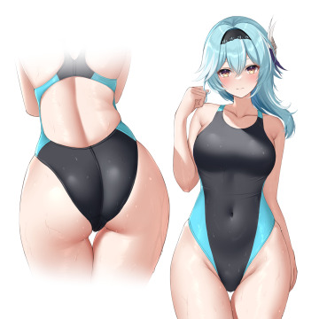 eula trying to impress traveler by wearing a competitive swimsuit