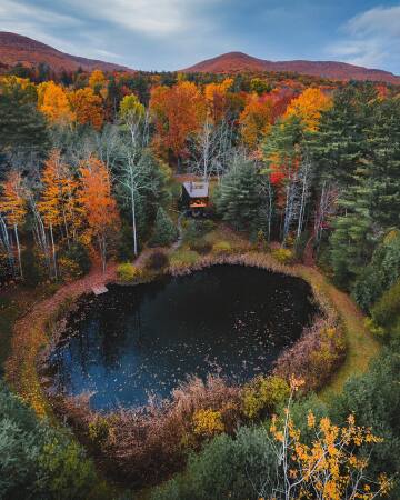 small cabin overlooking a pond in the catskill mountains, willow, ulster county, upstate new york.