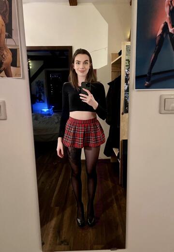 my favourite schoolgirl skirt, nylons, heels and smile