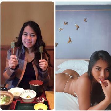 same girl, but different. one has an innocent foodie vibe, and the other has a ‘ready to devour your thick hard cock’ energy