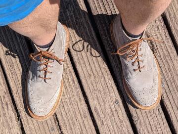 breaking in grey suede trickers stow boots