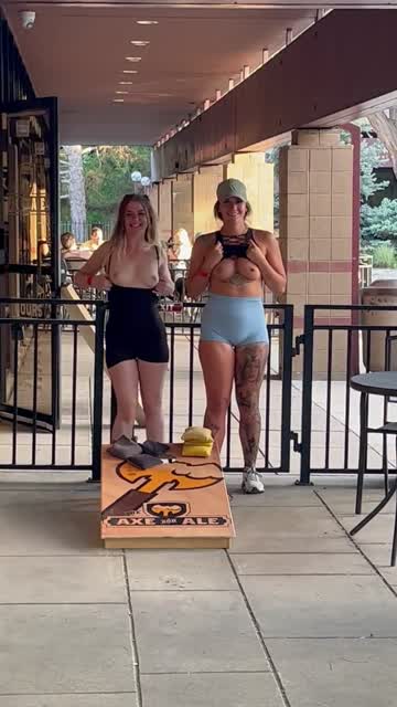(f) dared to play cornhole with my tits out! my bestie even joined in too (;