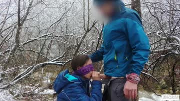 public blowjob and cum swallow near the mountain river