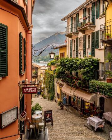 balconies covered with vines in the town of bellagio surrounded by lake como, lombardy, northern italy.