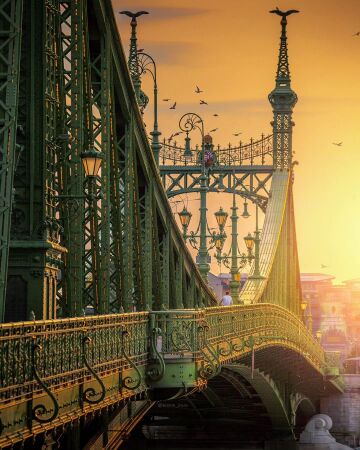 the art nouveau style liberty bridge crossing the danube in the morning sunlight, budapest, hungary.