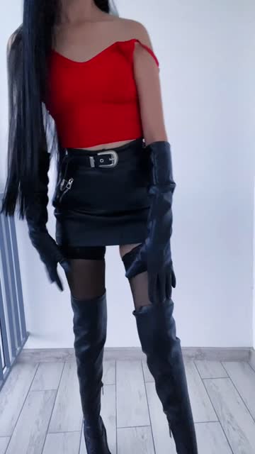 boots, leather skirt and stockings