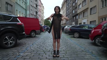the beautiful alissa is dared to wear a sheer dress around the city .. full length vid on bralessforever!