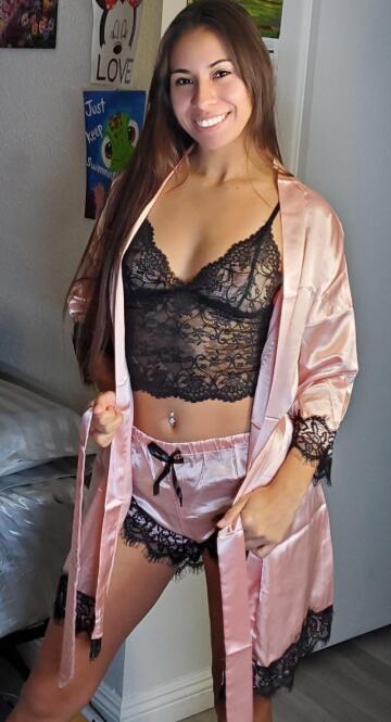 i love my lace set with my cute pink robe c: