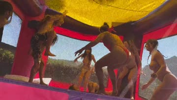 bounce house with friends.