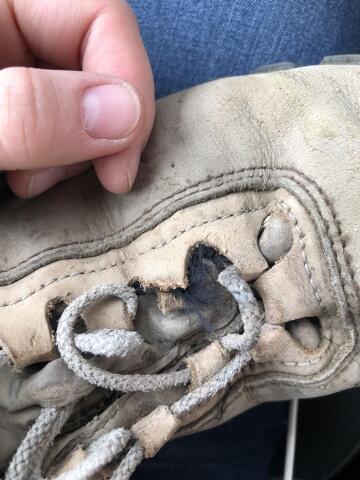 is there anything that can be done about this? i have to walk 5-10 miles a day through rough terrain like corn stubble and rocky cow pastures for work, and i just can’t afford a new pair of boots. these are women’s vasque solid leather hiking boots from 2018.