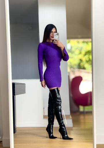 black patent leather thigh boots with purple dress