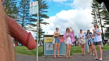 public erection gets big cfnm cheers from enthusiastic girls watching wnbr byron bay