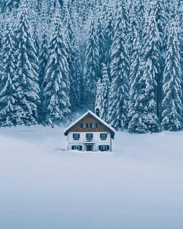 chalet on the edge of winter woods, gosau, gmunden, austria.