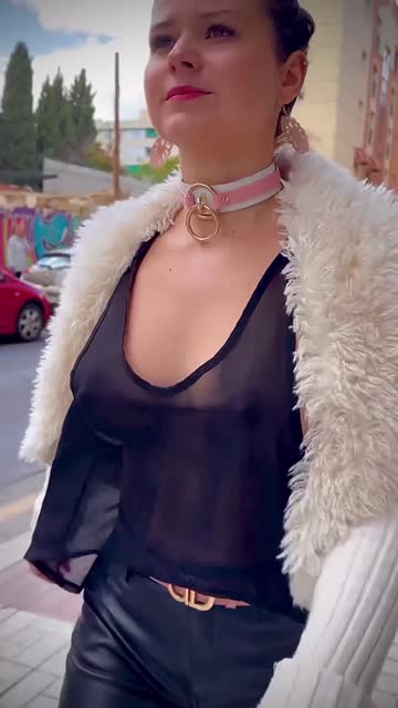 wearing a see through top in public braless, walking, seeing tits jiggle.