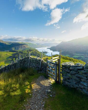 ullswater, a glacial lake in lake district seen at a distance, cumbria, england.