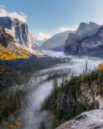 autumn fog in the yosemite valley, yosemite national park, california.