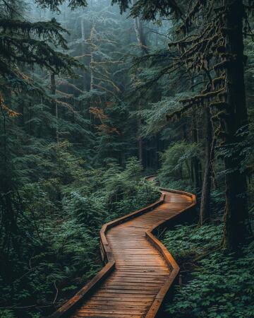 wooden path through a pacific northwest rainforest somewhere in oregon.
