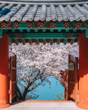 gate at the yongwol temple overlooking the sea, dolsan island, yeosu, south jeolla province, south korea.