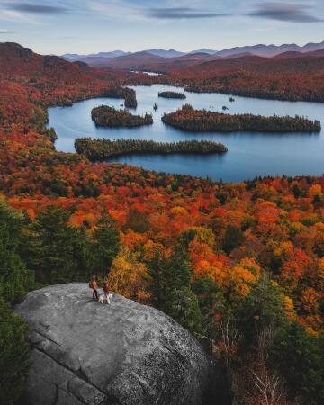 many islands in the blue mountain lake in the adirondacks, hamilton county, upstate new york.