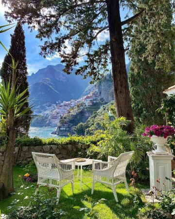 perfect spot in the gardens of villa treville with positano and amalfi coast views, campania, italy.