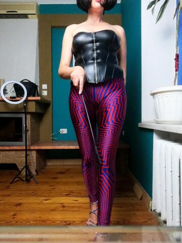leather corset and bright silky leggings [oc]