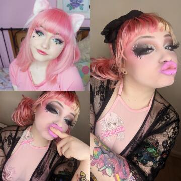 hi i'm missy! i always liked being cute and girly but recently i've been getting more and more into looking like a sex doll. i love big fat heavy eyelashes, obnoxious lipstick and dressing slutty. i'm 18 in the top left and the other two pics i'm 21 <3