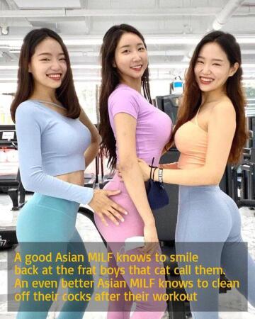 fun fact: asian women hate the gym. they are only going to pick up bwc to ride all night long. their cucked husbands are at home taking care of the baby and soon a new baby to come.....