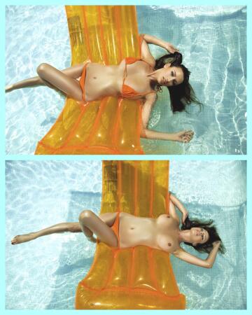 sophie howard suffers an unfortunate bikini accident in the pool...