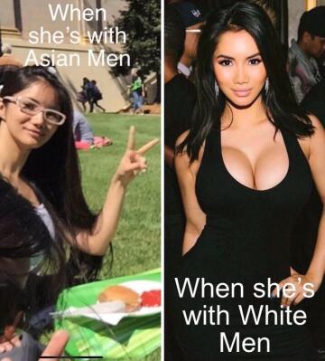 they don’t even bother to try to look good for the one in her asian dicklets. but when a bwc bull is there, you can bet the asian whores will doll up. anything to get some bwc.
